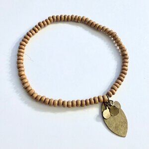 Natural Wood Beaded Stretch Bracelet Brass Leaf Charm Boho Cottagecore